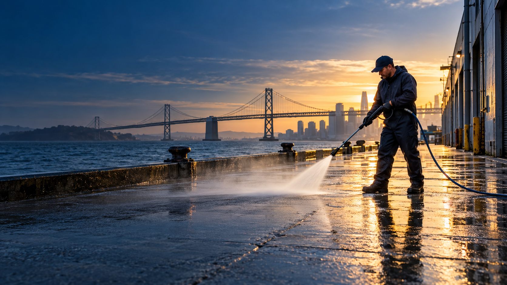 Illustrative professional pressure washing at a Bay Area waterfront